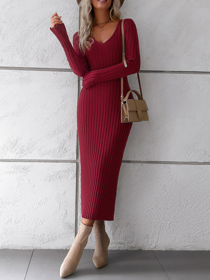 Women's new style elegant solid color v-neck long-sleeved sweater dress - FashionistaDeal