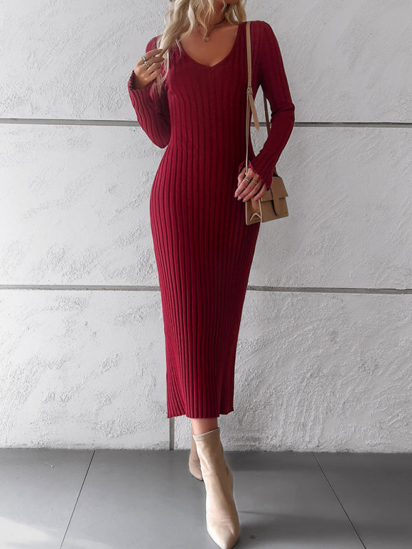 Women's new style elegant solid color v-neck long-sleeved sweater dress - FashionistaDeal