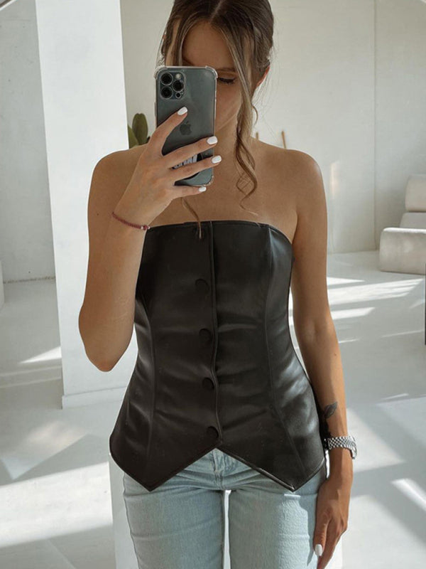 Women's PU leather single-breasted bateau collar slim and sexy backless tube top - FashionistaDeal