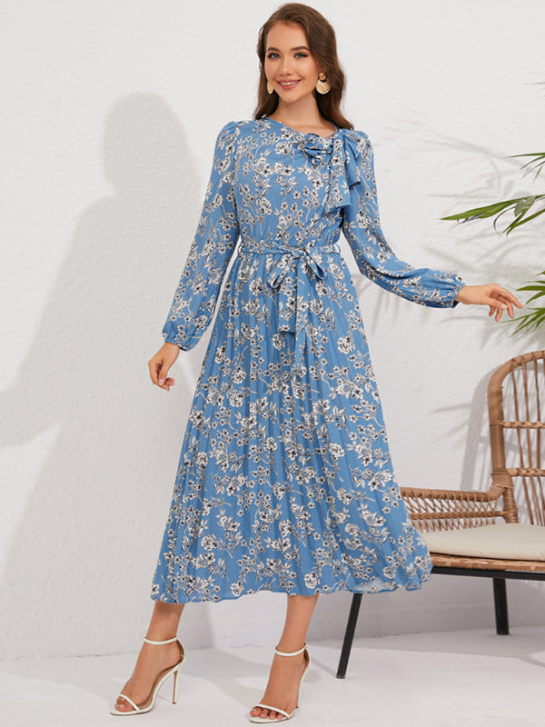 Women pleated long-sleeved floral retro bow dress - FashionistaDeal