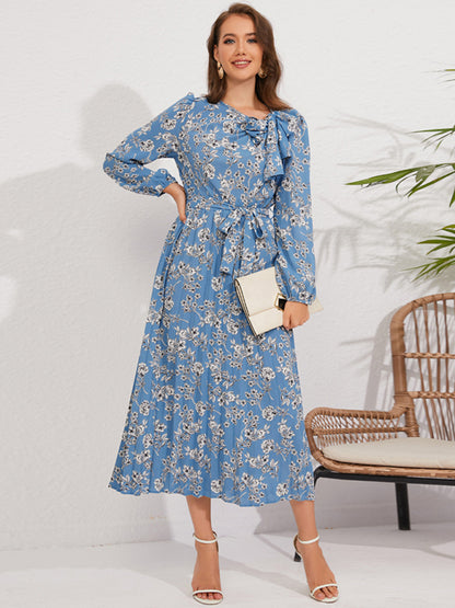 Women pleated long-sleeved floral retro bow dress - FashionistaDeal