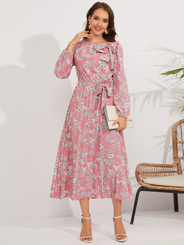 Women pleated long-sleeved floral retro bow dress - FashionistaDeal