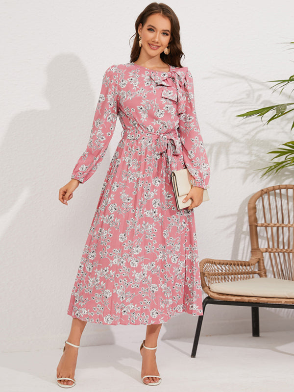 Women pleated long-sleeved floral retro bow dress - FashionistaDeal