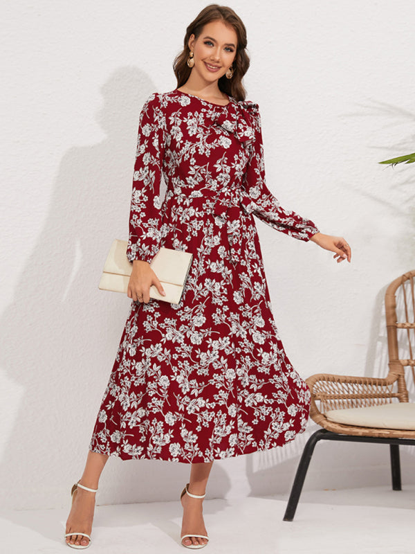 Women pleated long-sleeved floral retro bow dress - FashionistaDeal