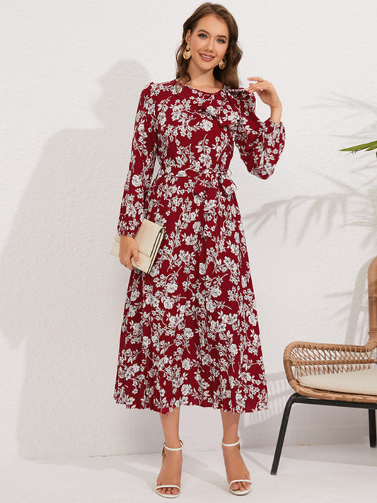 Women pleated long-sleeved floral retro bow dress - FashionistaDeal