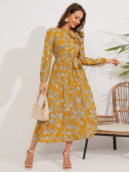 Women pleated long-sleeved floral retro bow dress - FashionistaDeal