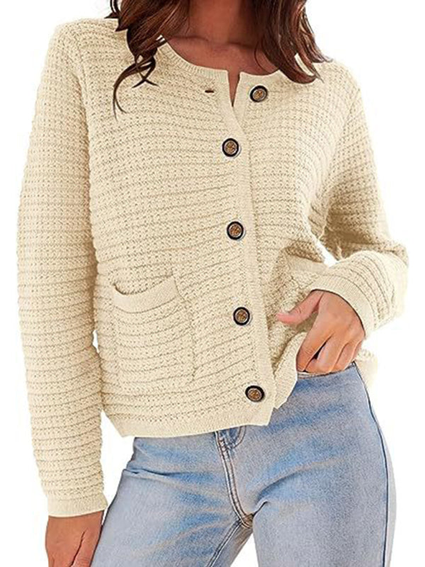 New round neck knitted commuter retro autumn casual cardigan long sleeve women's clothing - FashionistaDeal