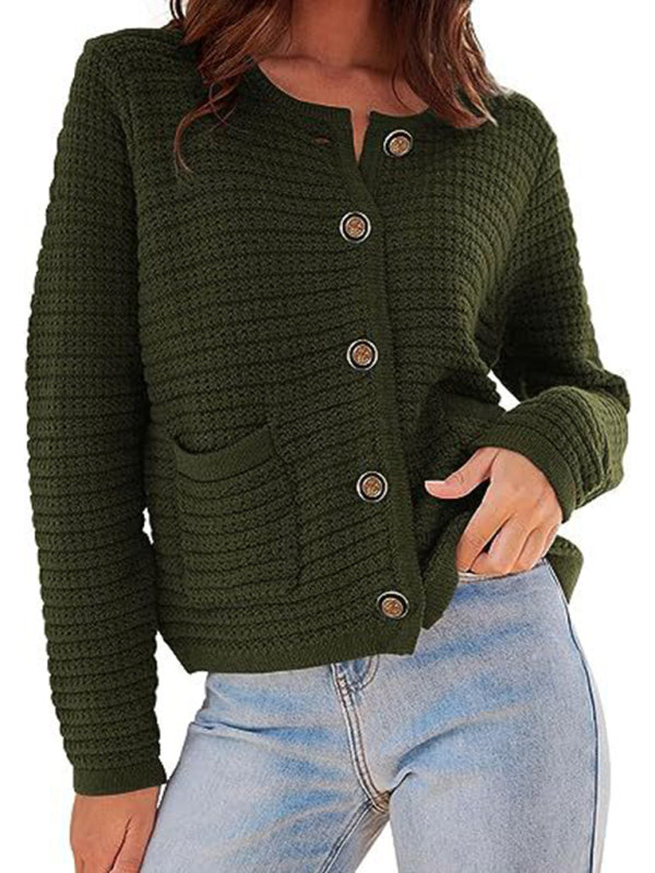 New round neck knitted commuter retro autumn casual cardigan long sleeve women's clothing - FashionistaDeal