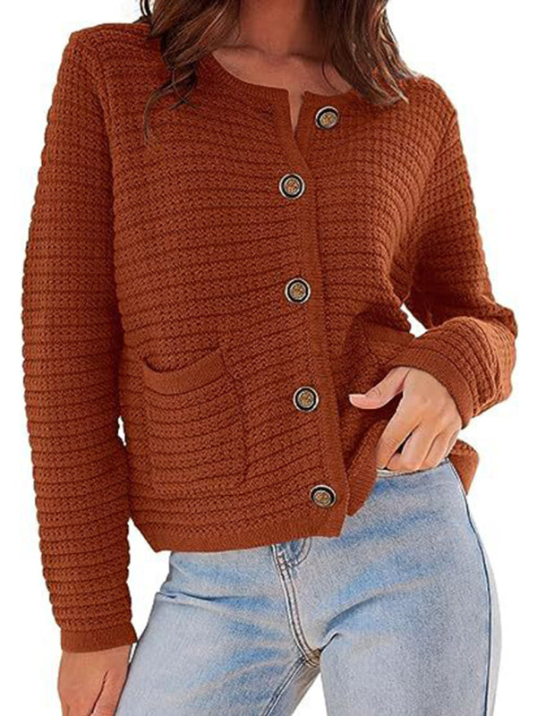 New round neck knitted commuter retro autumn casual cardigan long sleeve women's clothing - FashionistaDeal