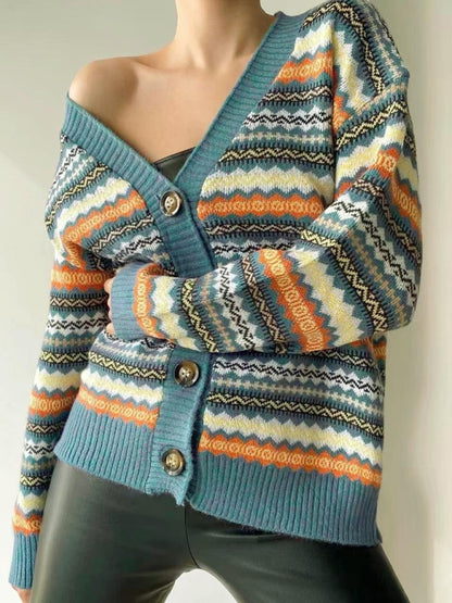 Women's Fashionable Contrast Color Knitted Sweater Cardigan Jacket Sweater - FashionistaDeal