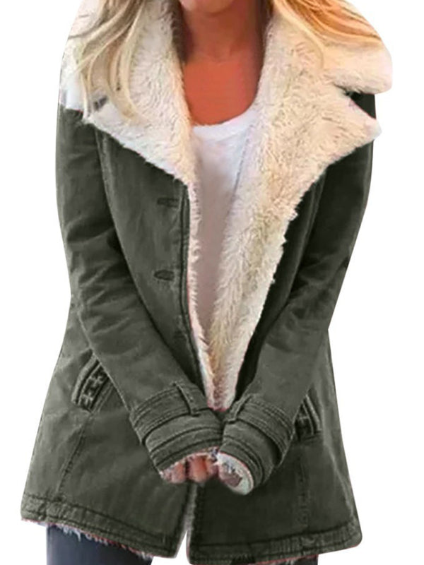 Women's Autumn and winter solid color plush lapel mid-length coat - FashionistaDeal