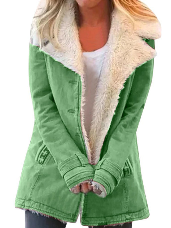 Women's Autumn and winter solid color plush lapel mid-length coat - FashionistaDeal