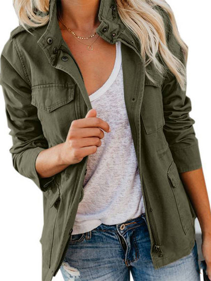 Slim fashion trendy solid color loose zippered multi-pocket jacket women's coat - FashionistaDeal