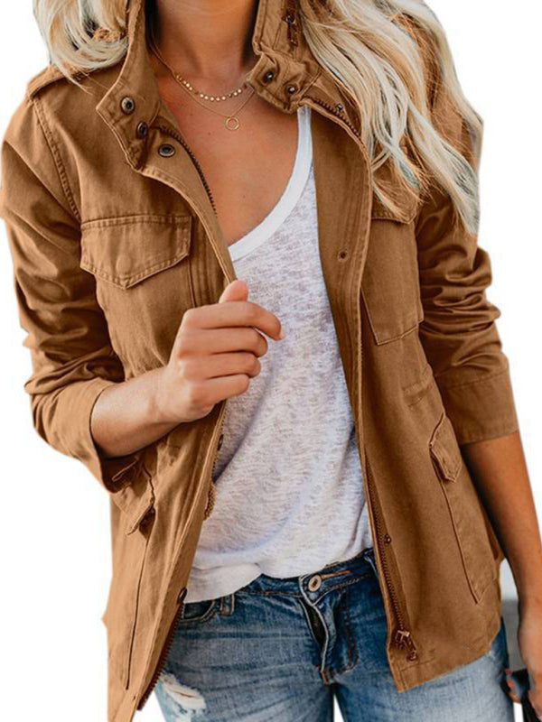 Slim fashion trendy solid color loose zippered multi-pocket jacket women's coat - FashionistaDeal