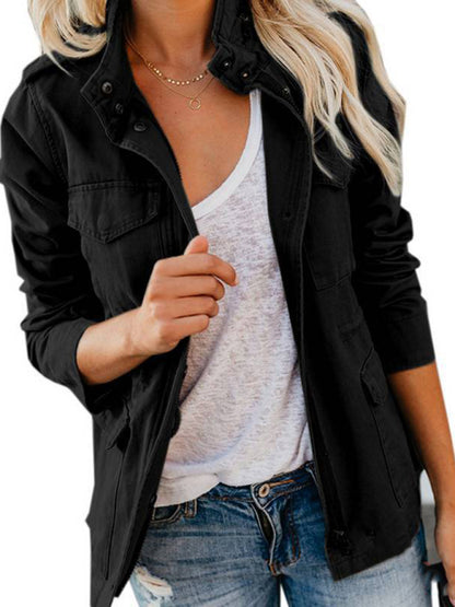 Slim fashion trendy solid color loose zippered multi-pocket jacket women's coat - FashionistaDeal