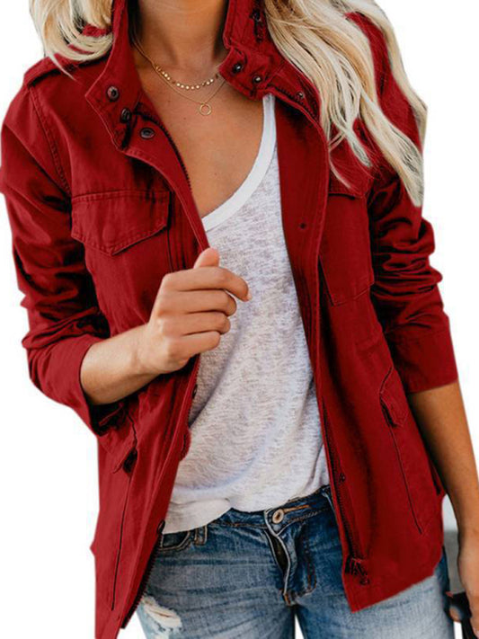 Slim fashion trendy solid color loose zippered multi-pocket jacket women's coat - FashionistaDeal