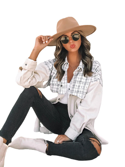 New style casual lapel long sleeve pocket plaid corduroy women's jacket - FashionistaDeal