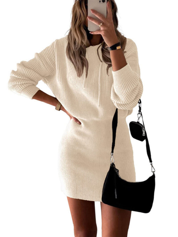 Women's hooded pullover waist knitted hip-hugging dress - FashionistaDeal