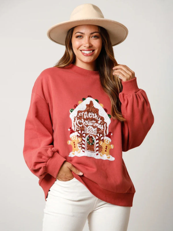 Women's Christmas embroidered sequined pullover sweatshirt - FashionistaDeal