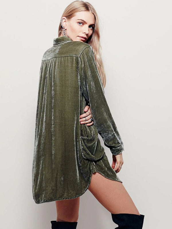 Women's solid color casual V-neck loose long-sleeved gold velvet shirt dress - FashionistaDeal