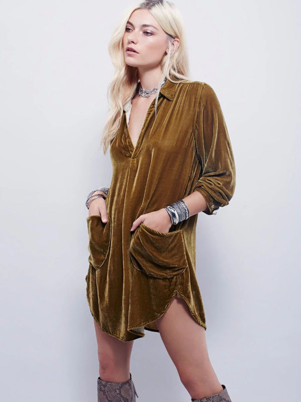 Women's solid color casual V-neck loose long-sleeved gold velvet shirt dress - FashionistaDeal