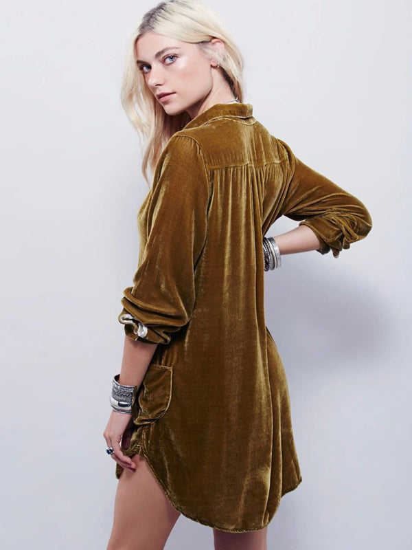 Women's solid color casual V-neck loose long-sleeved gold velvet shirt dress - FashionistaDeal