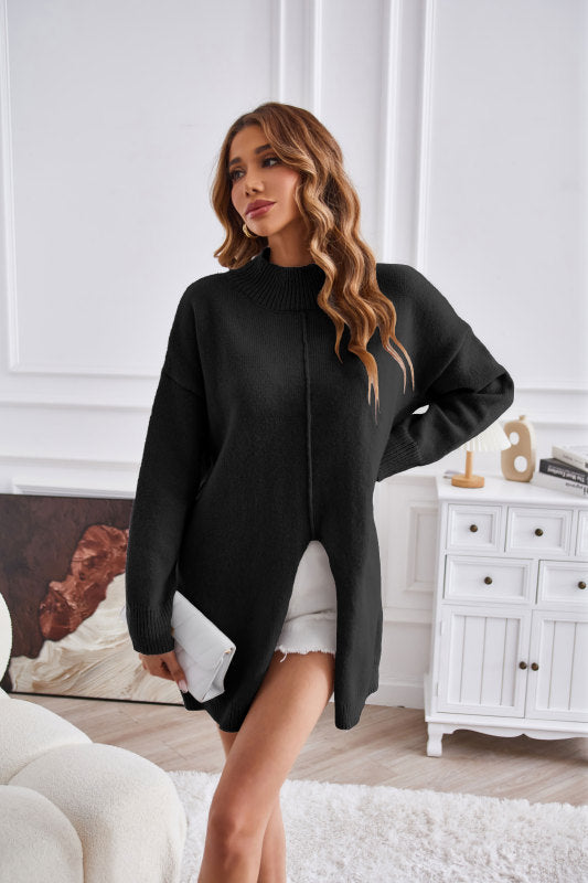 Women's half turtleneck slit pullover sweater - FashionistaDeal