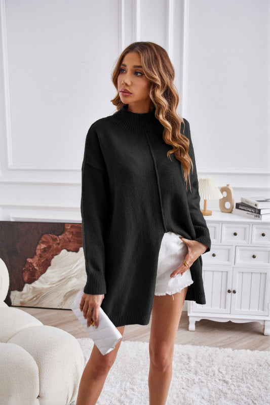 Women's half turtleneck slit pullover sweater - FashionistaDeal