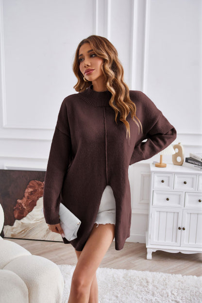 Women's half turtleneck slit pullover sweater - FashionistaDeal