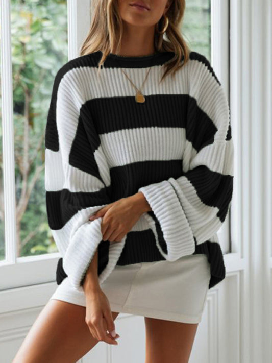 Women's rolled round neck striped color block sweater - FashionistaDeal