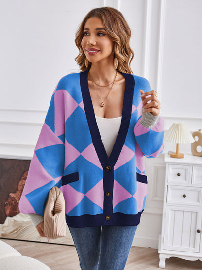 Women's V-neck geometric splicing casual loose jacket cardigan - FashionistaDeal