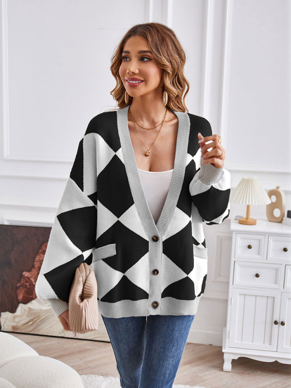 Women's V-neck geometric splicing casual loose jacket cardigan - FashionistaDeal