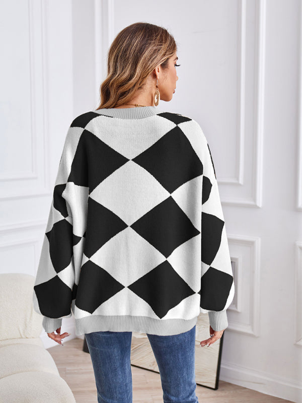 Women's V-neck geometric splicing casual loose jacket cardigan - FashionistaDeal