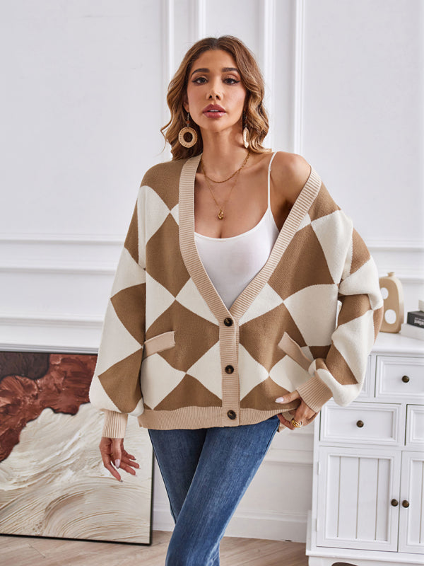 Women's V-neck geometric splicing casual loose jacket cardigan - FashionistaDeal