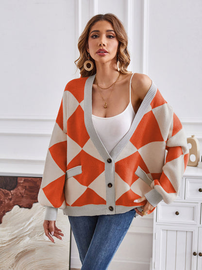 Women's V-neck geometric splicing casual loose jacket cardigan - FashionistaDeal