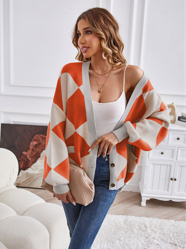 Women's V-neck geometric splicing casual loose jacket cardigan - FashionistaDeal