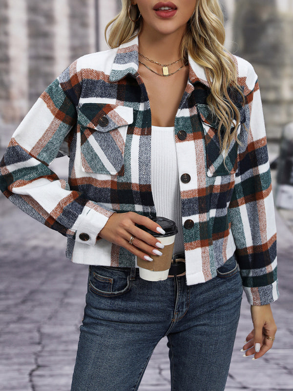 Women's short casual plaid button jackets - FashionistaDeal