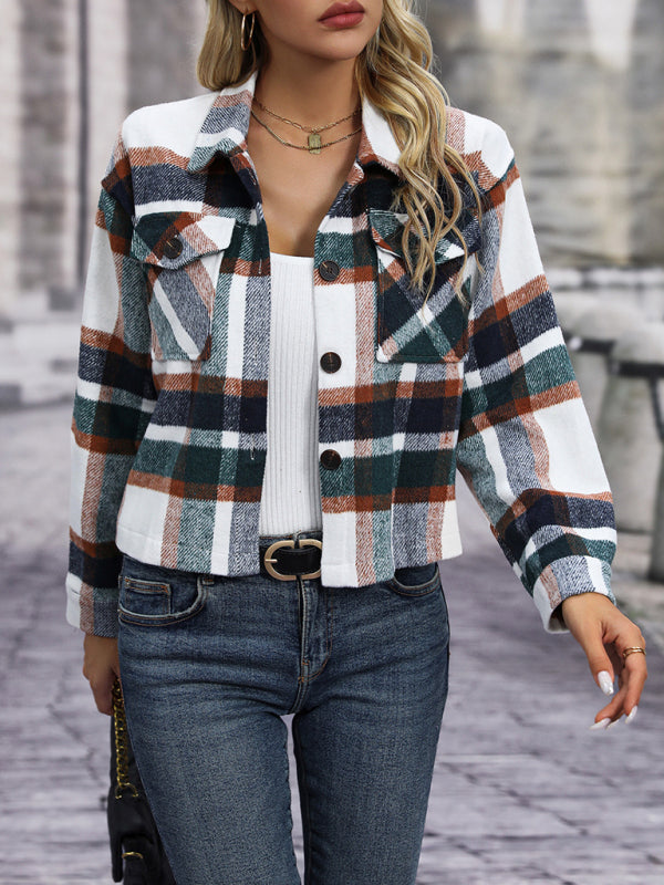 Women's short casual plaid button jackets - FashionistaDeal