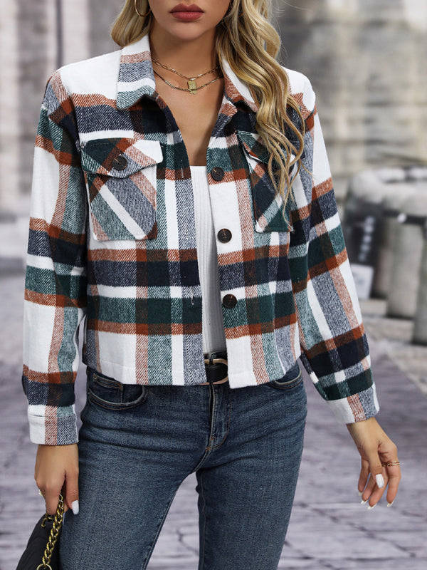 Women's short casual plaid button jackets - FashionistaDeal