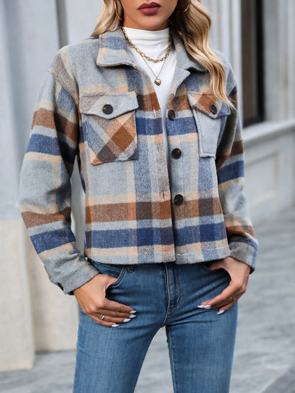 Women's short casual plaid button jackets - FashionistaDeal