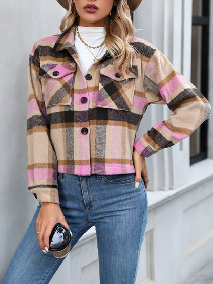 Women's short casual plaid button jackets - FashionistaDeal