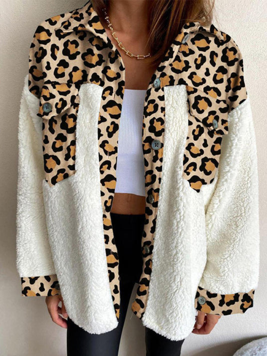 Women's Leopard Plaid Print Plush Stitching Contrast Color Warm Long Sleeve Jacket - FashionistaDeal