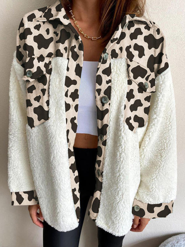 Women's Leopard Plaid Print Plush Stitching Contrast Color Warm Long Sleeve Jacket - FashionistaDeal