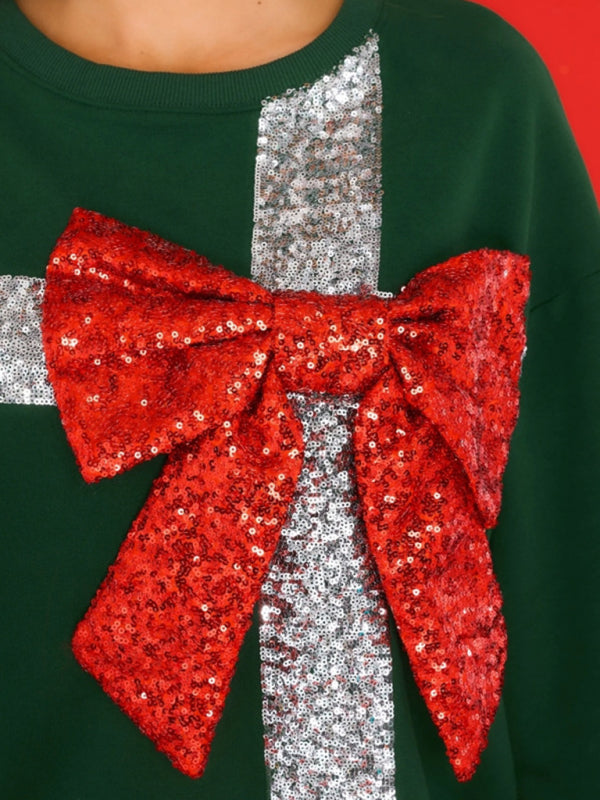 New autumn and winter bow fashion round neck long sleeve sequin splicing Christmas sweatshirt - FashionistaDeal