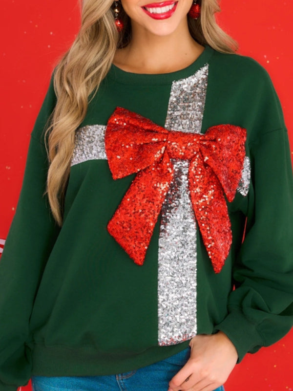 New autumn and winter bow fashion round neck long sleeve sequin splicing Christmas sweatshirt - FashionistaDeal