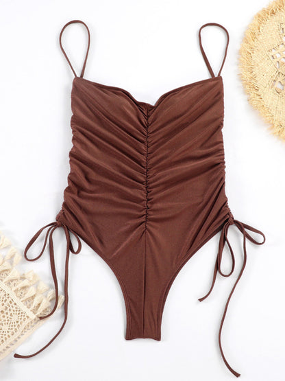 New drawstring one-piece swimsuit solid color pleated sexy suspender bikini - FashionistaDeal