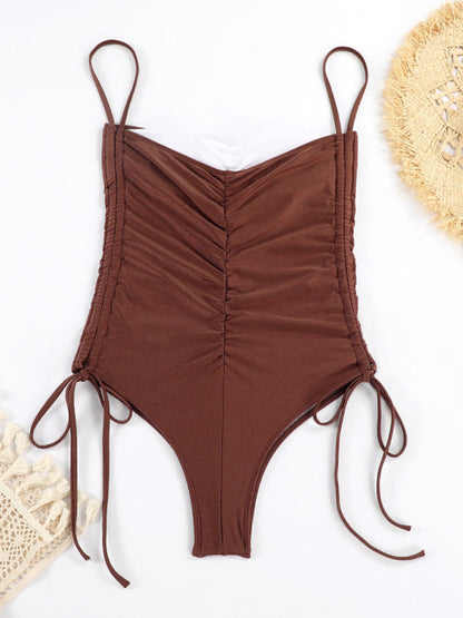 New drawstring one-piece swimsuit solid color pleated sexy suspender bikini - FashionistaDeal