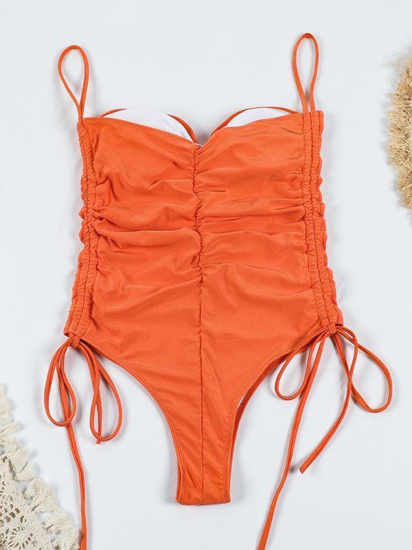 New drawstring one-piece swimsuit solid color pleated sexy suspender bikini - FashionistaDeal