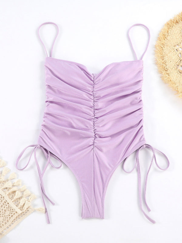 New drawstring one-piece swimsuit solid color pleated sexy suspender bikini - FashionistaDeal