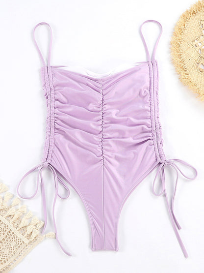 New drawstring one-piece swimsuit solid color pleated sexy suspender bikini - FashionistaDeal